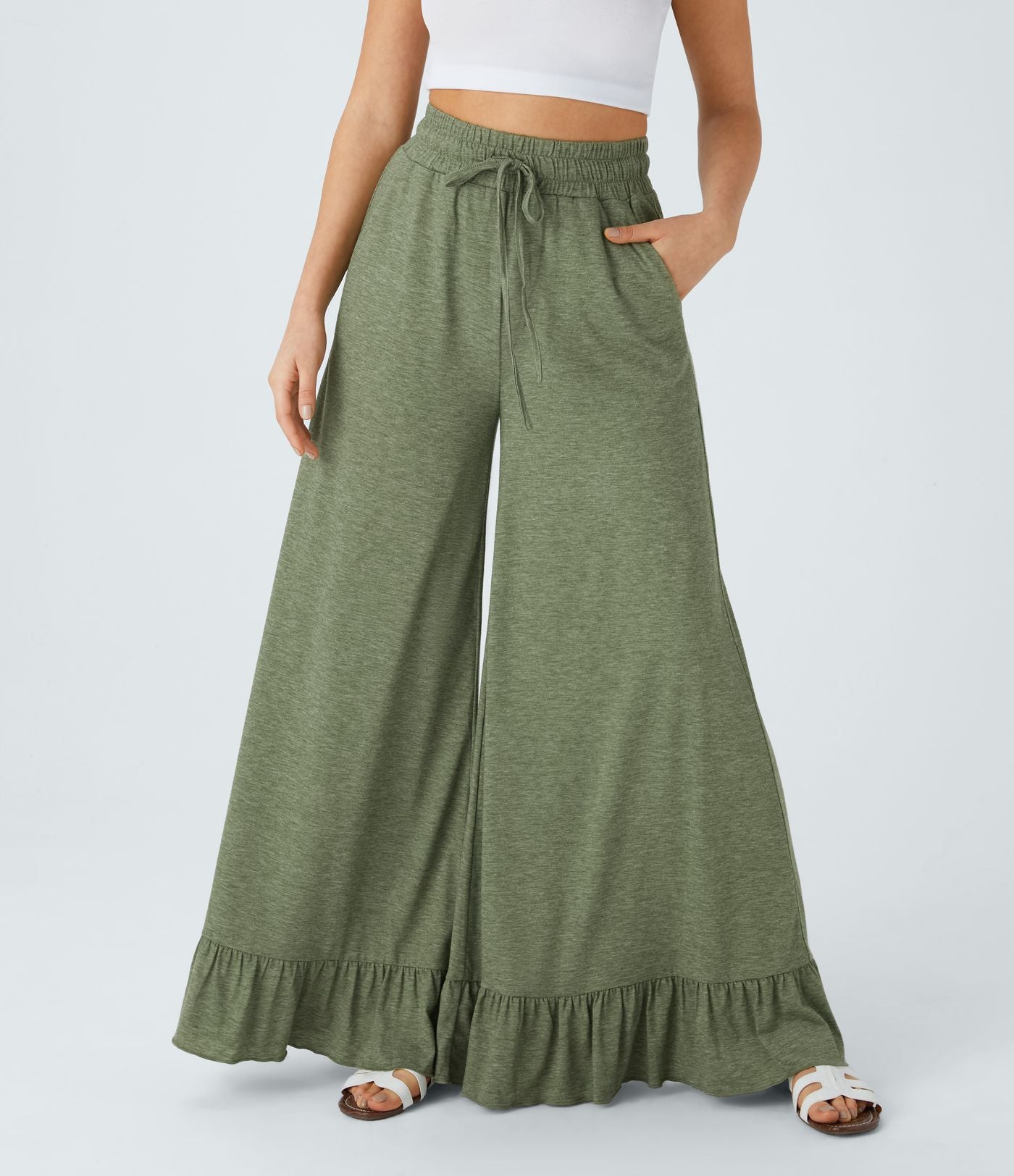Pantalon Casual à Taille Haute avec Cordon De Serrage Poches Latérales et Volants Jambes Amples