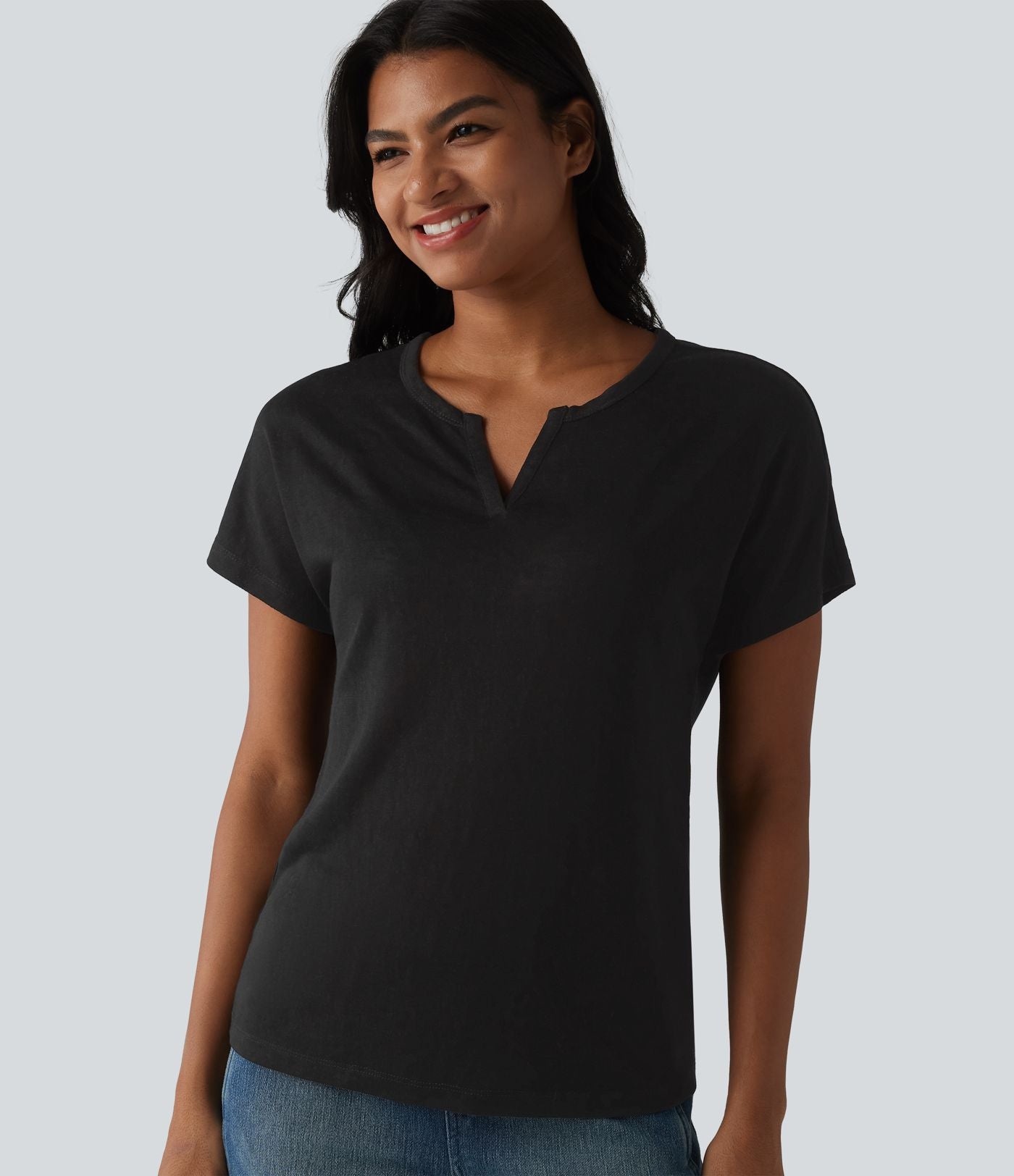 T-shirt casual col V semi-transparent en lyocell manches courtes