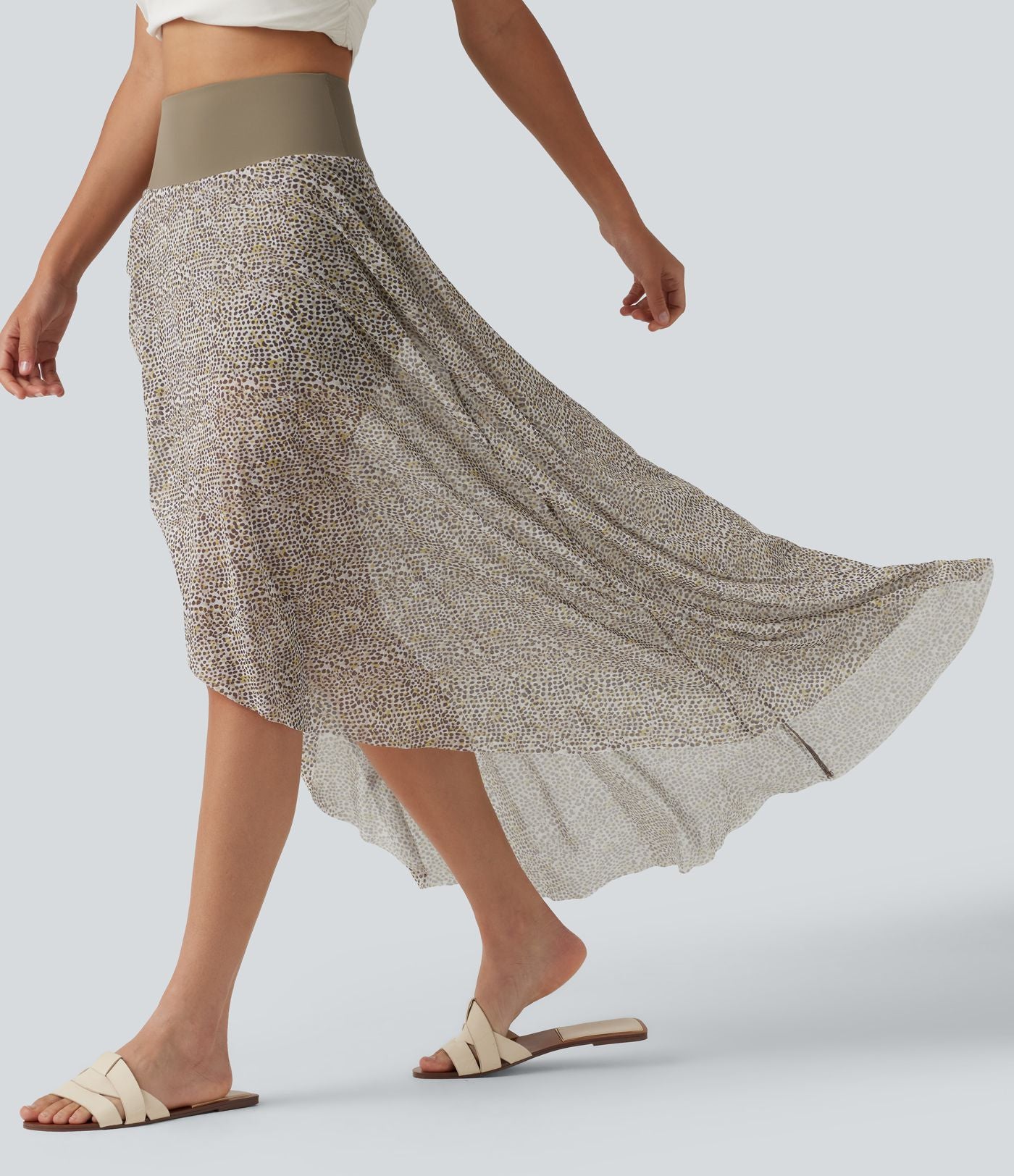 Jupe longue en mesh imprimé léopard taille haute asymétrique à volants 2 en 1