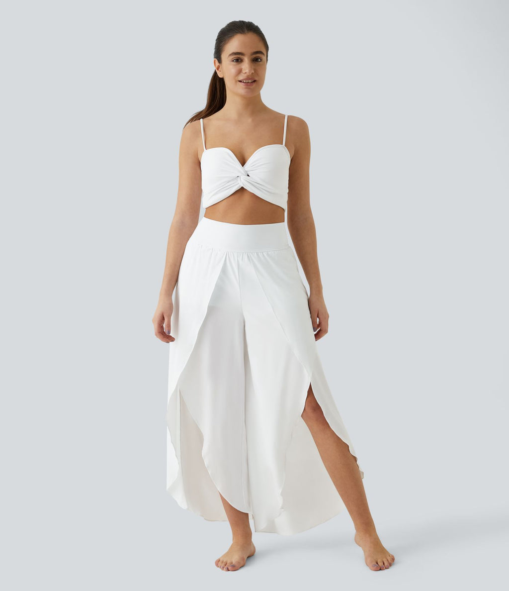 Breezeful™  Pantalon Large Casual 2 en 1 Palazzo Flowy Taille Haute Poches Fente à la Taille Arrière - Séchage Rapide