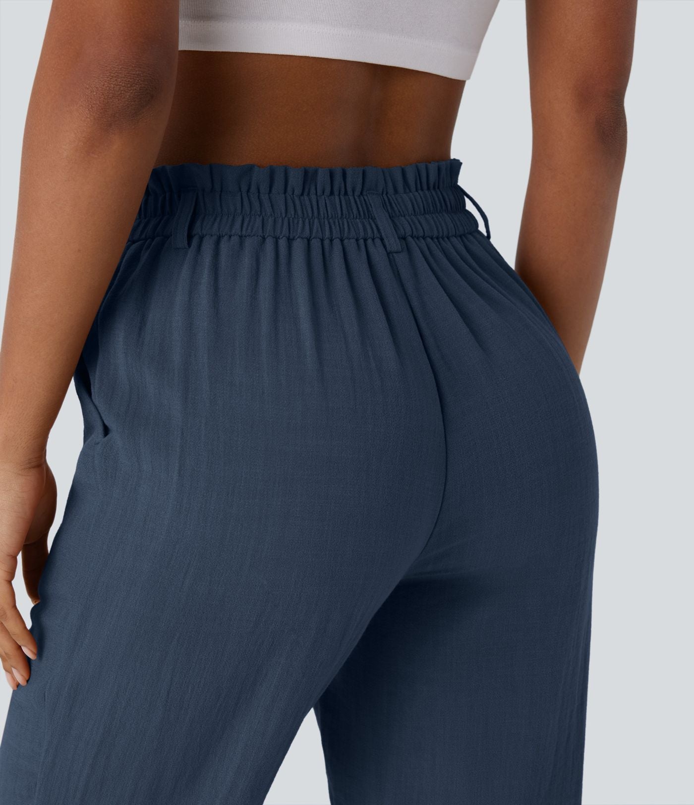 Pantalon capri effet lin taille haute avec poches zippées