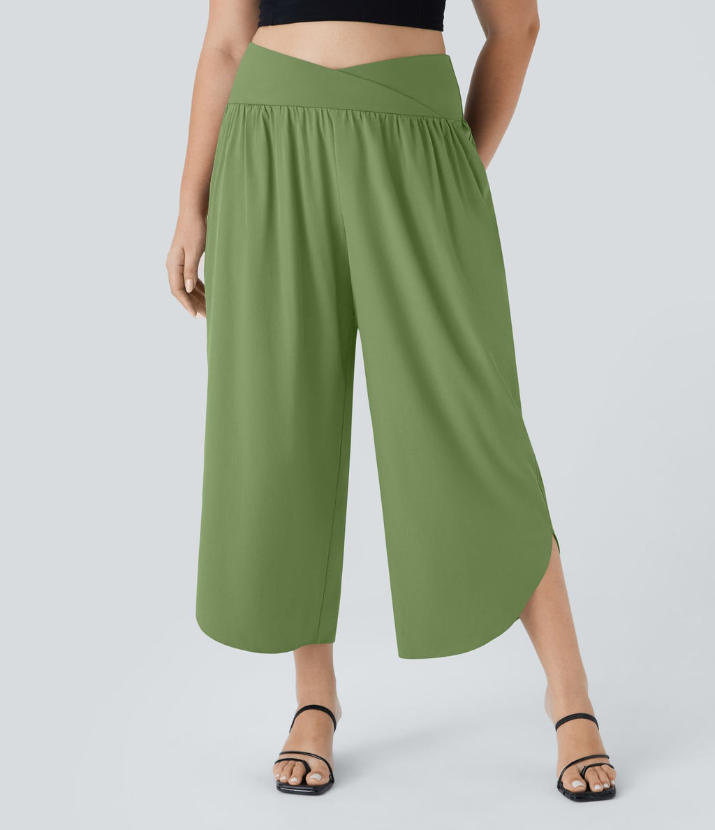 Breezeful™ Pantalon de Vacances Grande Taille Taille Haute avec Découpe Croisée Plissé Poche Latérale Fente et Séchage Rapide
