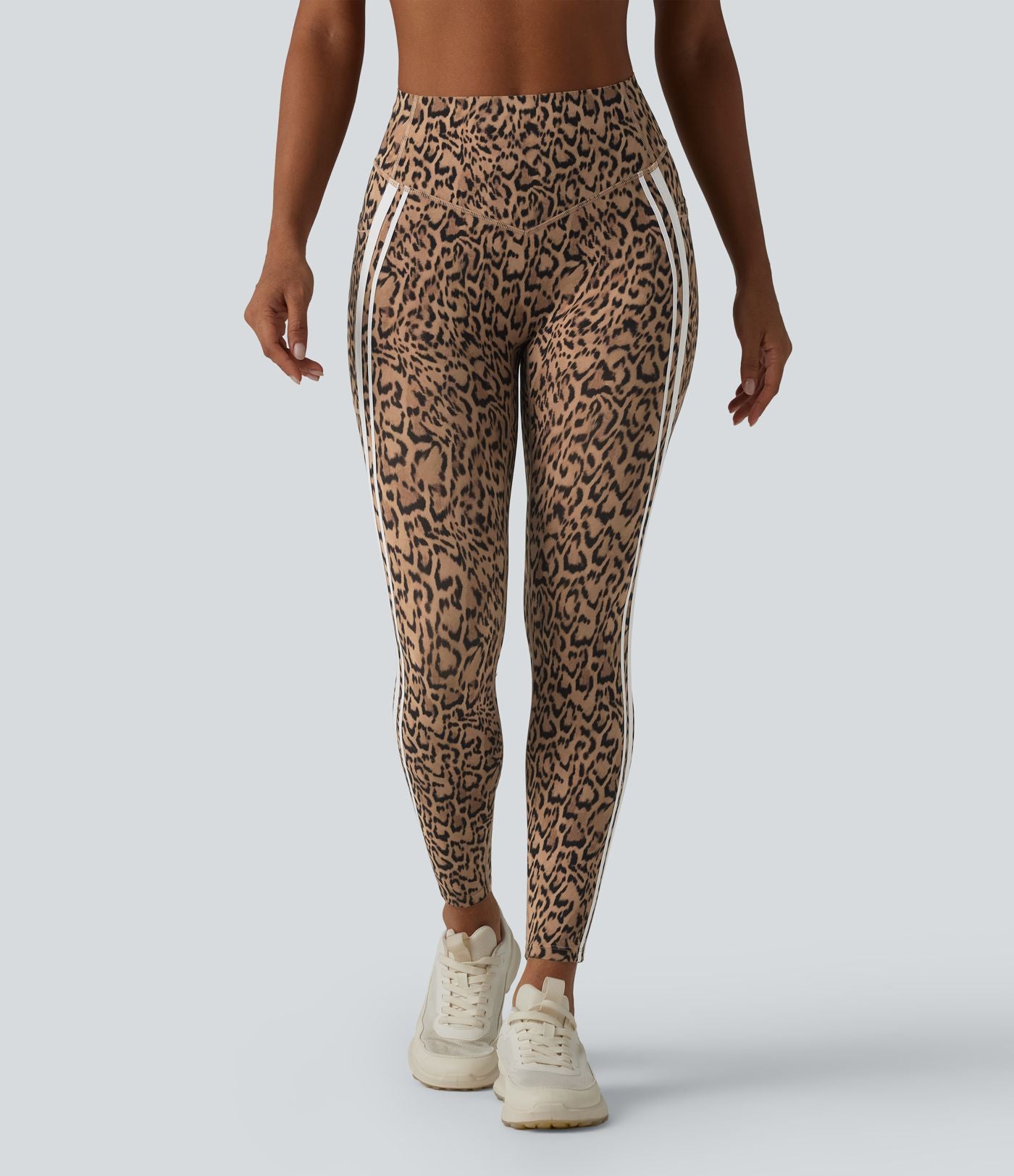 Legging 7/8 d'entraînement Halara UltraSculpt™ imprimé léopard, taille haute, ventre plat, push-up, rayures color block avec poches