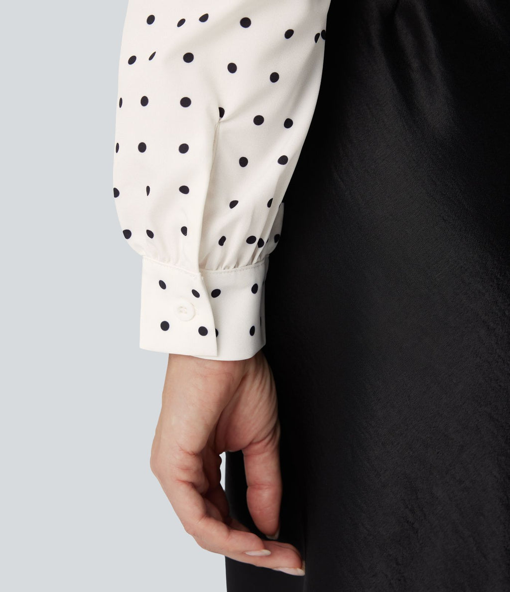 Blouse travail col montant à volants pois manches longues