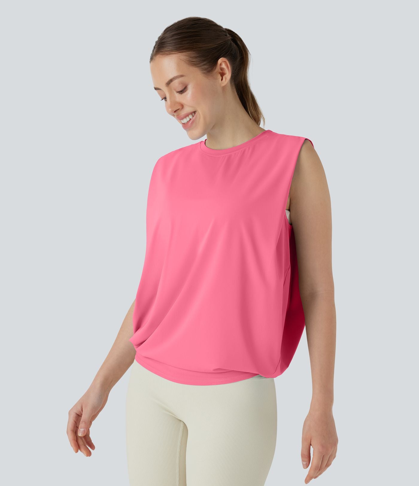 Débardeur de yoga col rond froncé, tissu rafraîchissant - Protection UPF50+