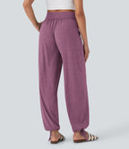 Pantalon de jogging décontracté à taille haute croisée avec poches latérales et cordon de serrage