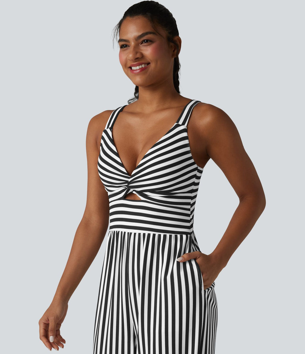 Combinaison casual sans manches à rayures en nid d'abeille torsadée froncée fermeture éclair invisible avec soutien-gorge intégré et poches - Easy Peasy