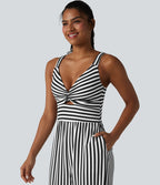 Combinaison casual sans manches à rayures en nid d'abeille torsadée froncée fermeture éclair invisible avec soutien-gorge intégré et poches - Easy Peasy