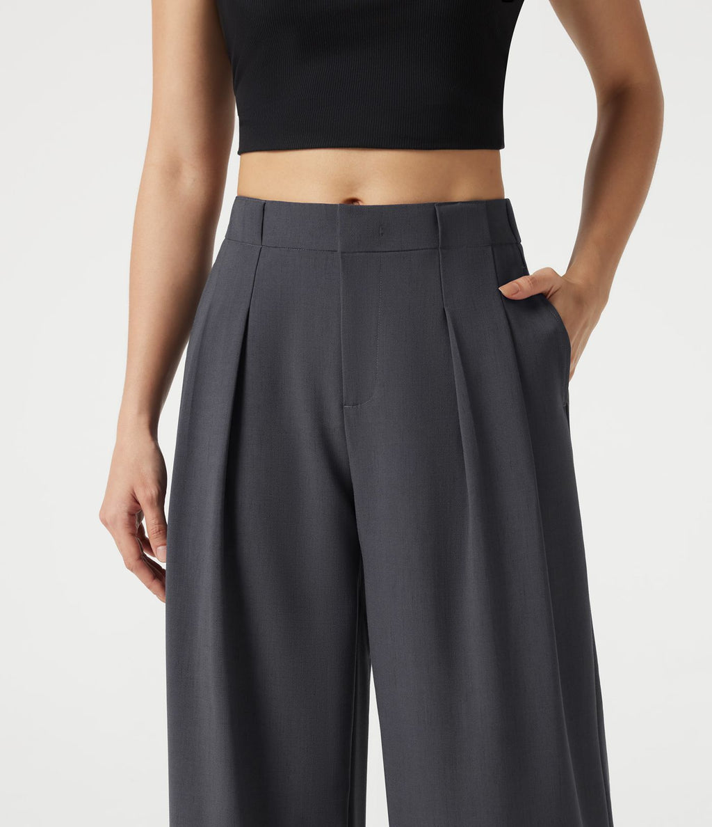 Pantalon casual ample toucher lin taille mi-haute à poches