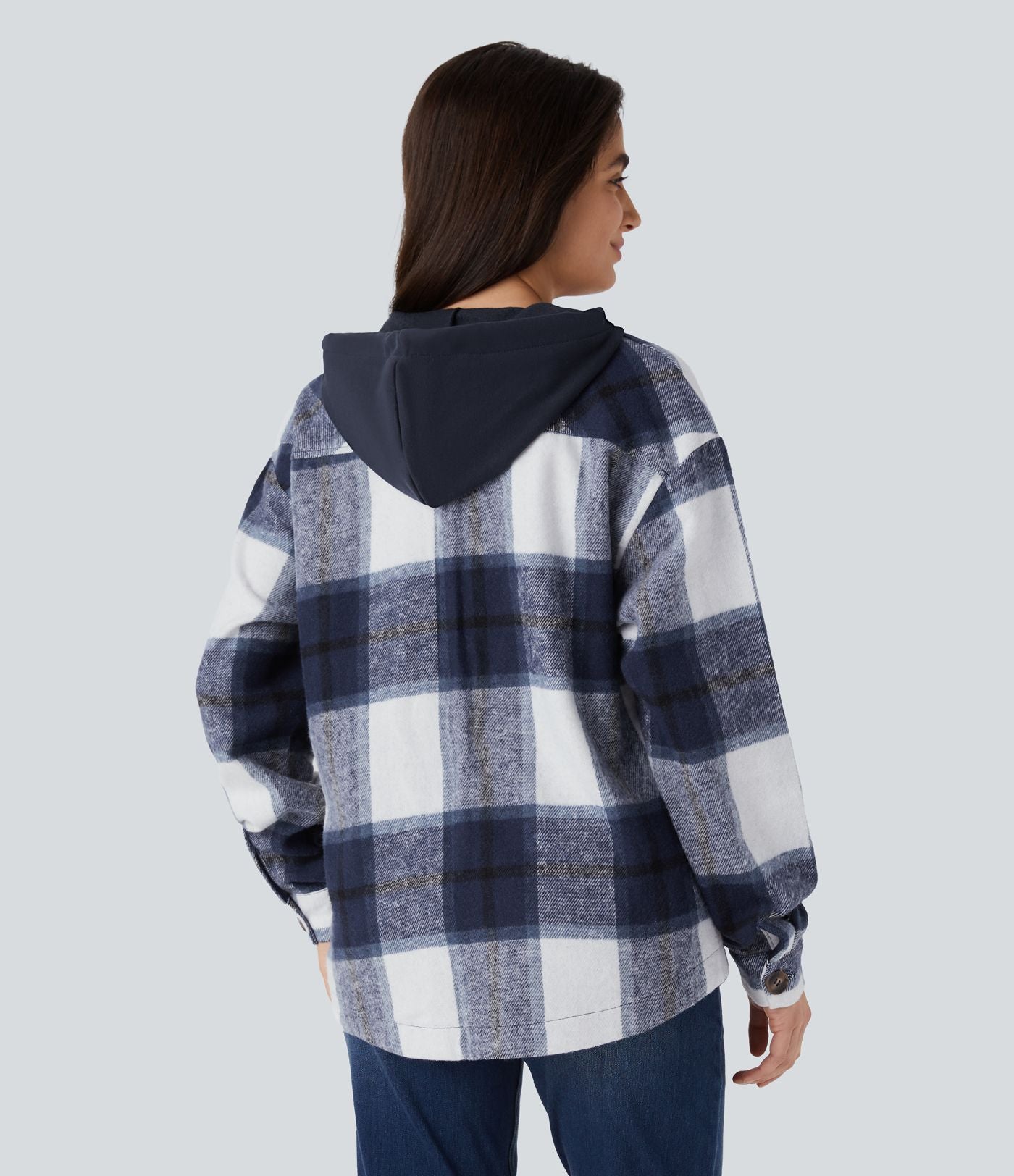 Veste de Casual à Carreaux en Polaire à Capuche avec Cordon de Serrage Boutons et Poches Latérales
