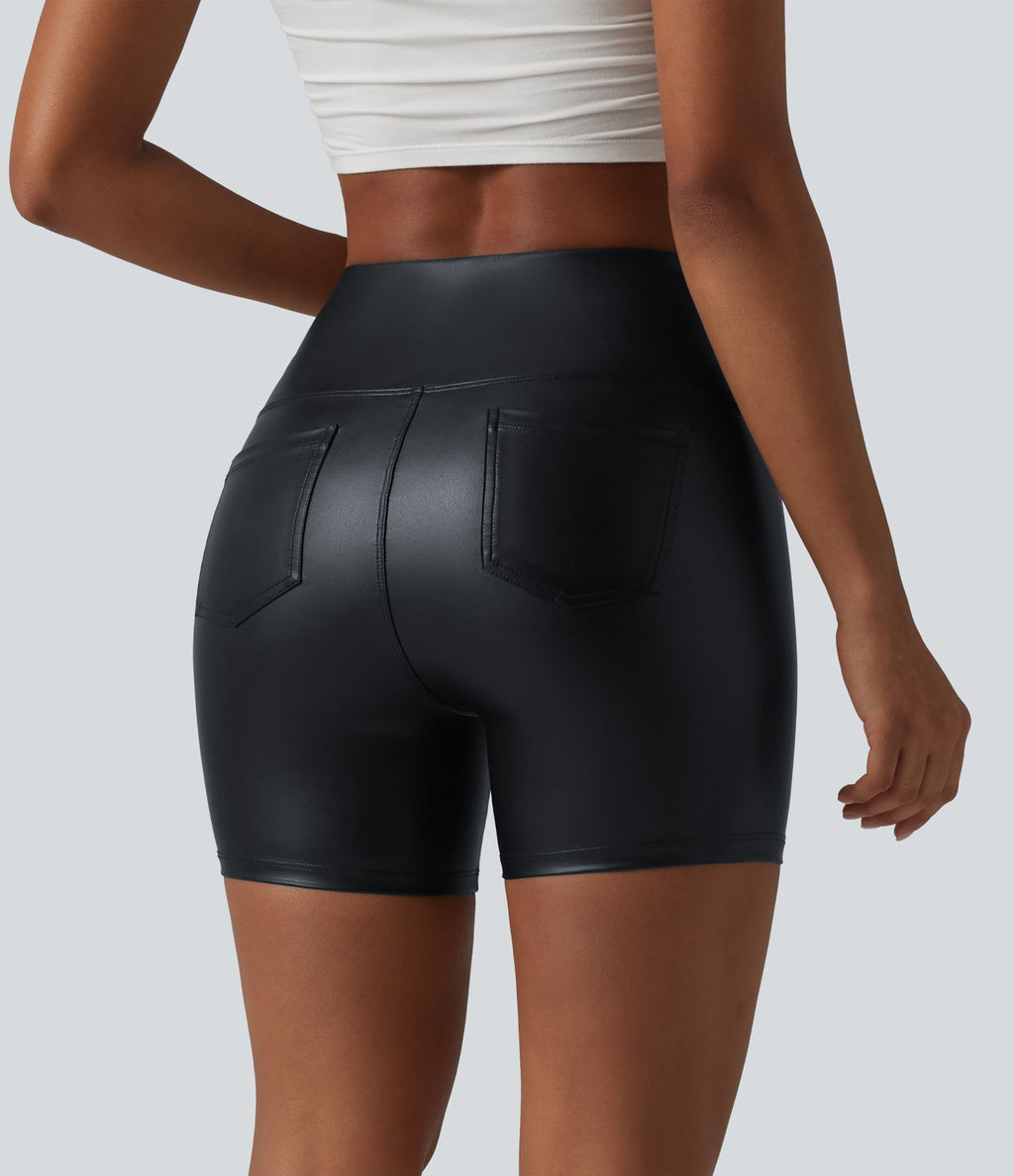 Short de cycliste casual en PU stretch gainant taille haute 12,5 cm avec poches