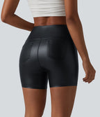 Short de cycliste casual en PU stretch gainant taille haute 12,5 cm avec poches