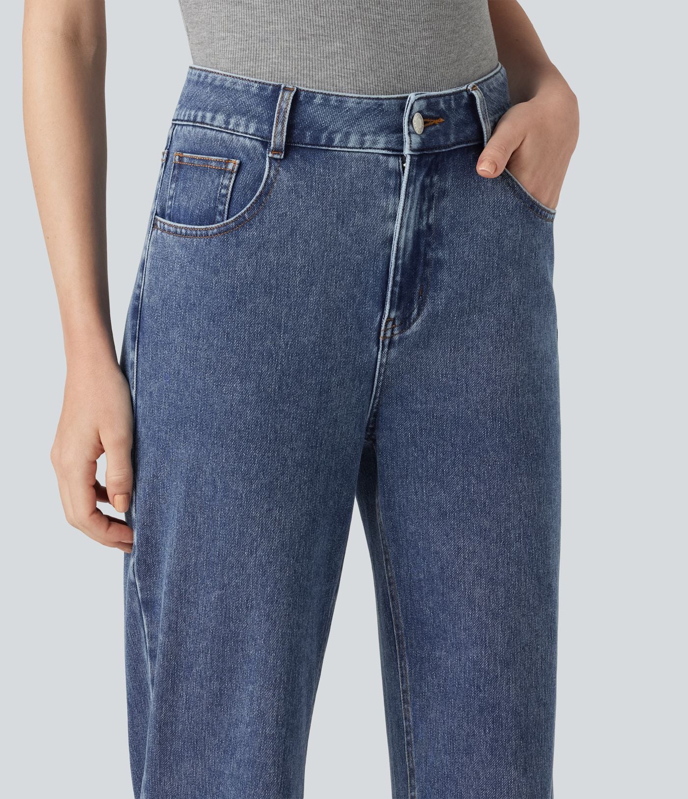 Halara Flex™ Jean droit extensible à taille haute avec bouton, fermeture éclair et poches multiples