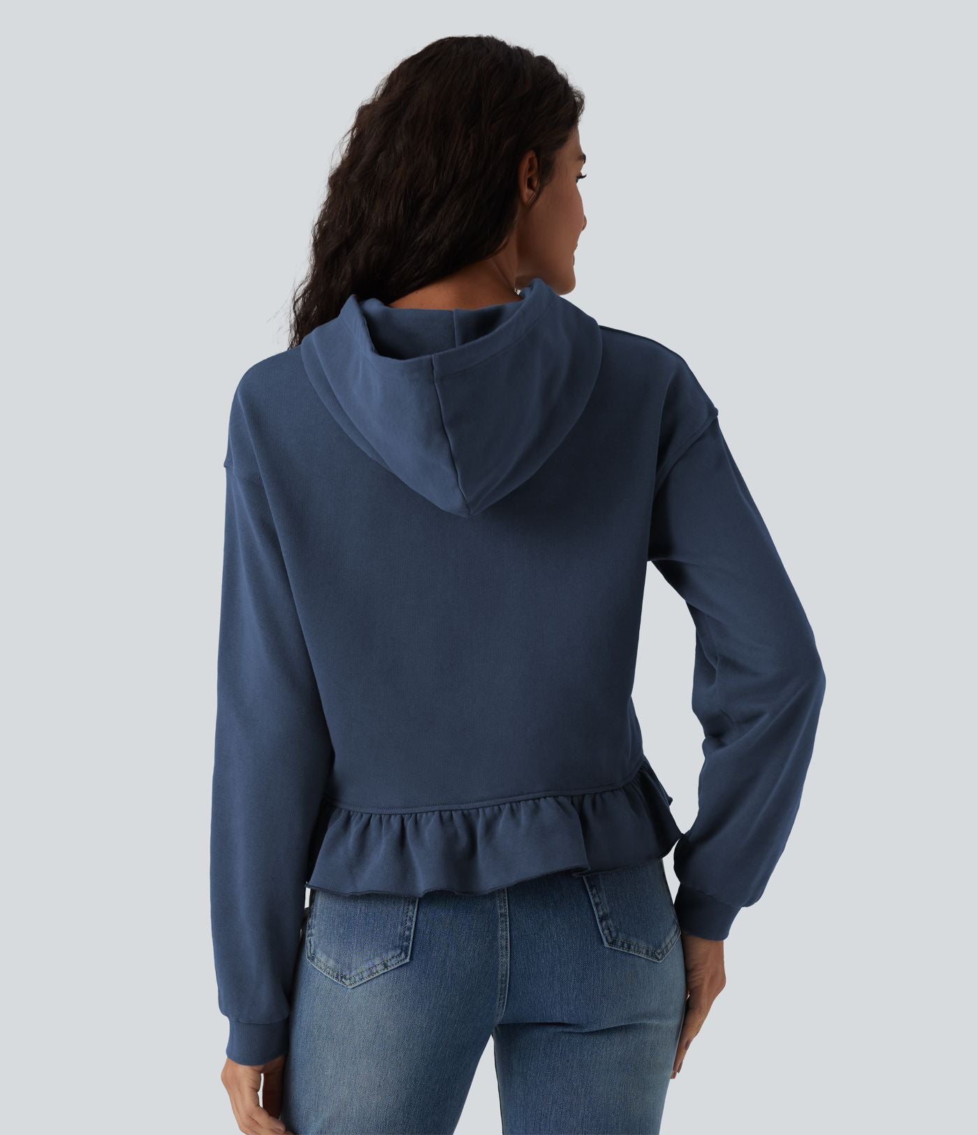 Sweat-shirt décontracté en coton à capuche avec cordon de serrage manches longues ourlet à volants