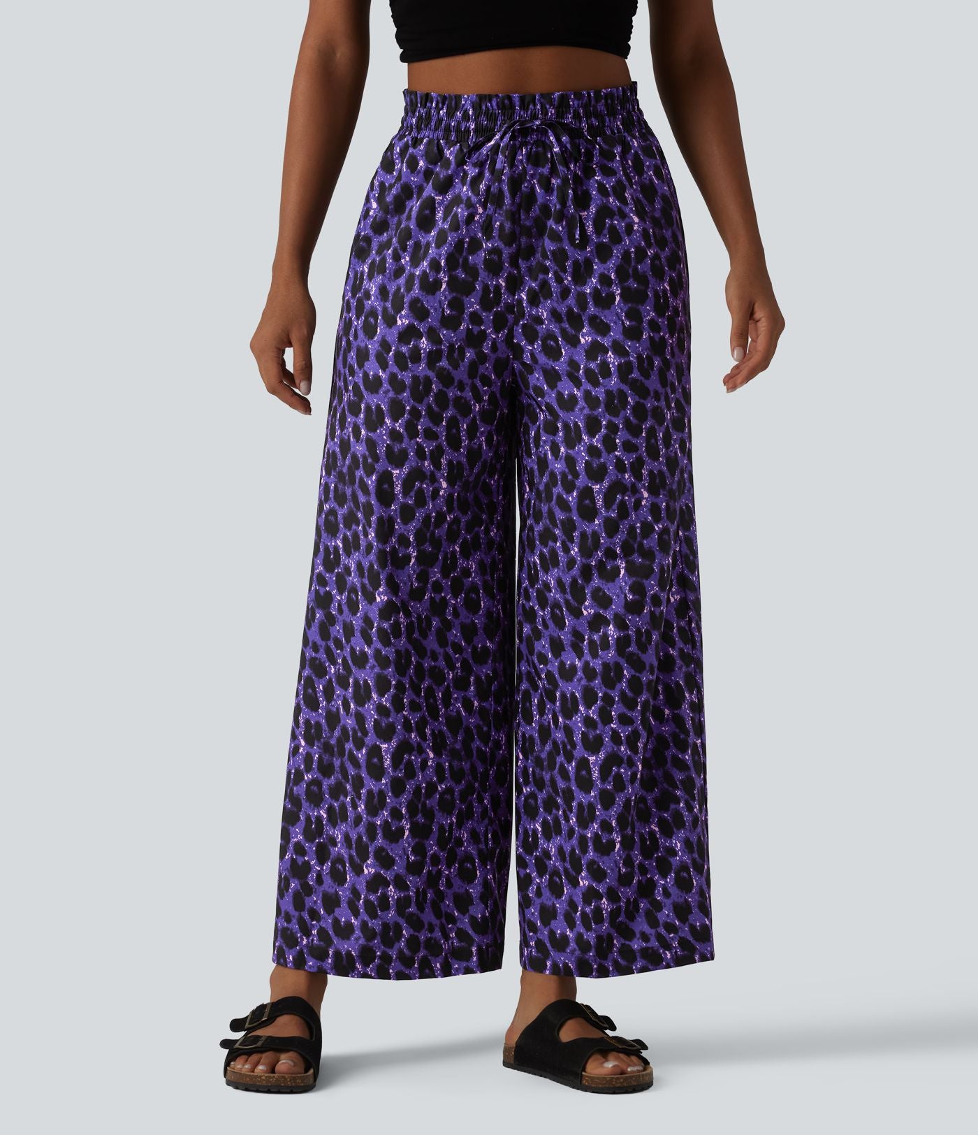 Pantalon large et fluide à imprimé léopard, taille haute avec cordon de serrage et poches latérales