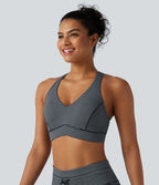 Brassière de sport col V dos nageur maintien moyen à rayures