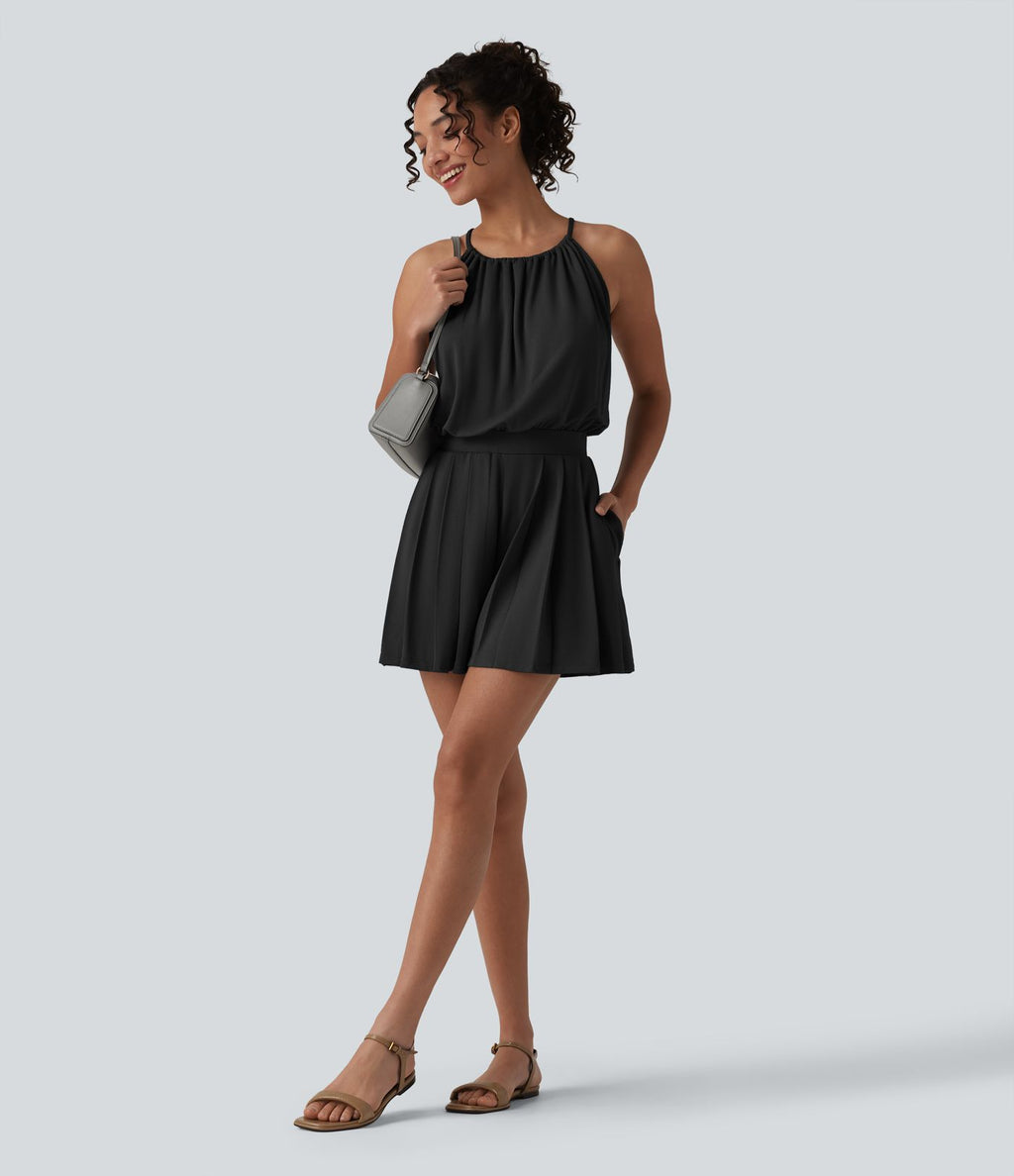 Combishort casual plissé col licou sans manches avec dos à nouer et poches – Easy Peasy