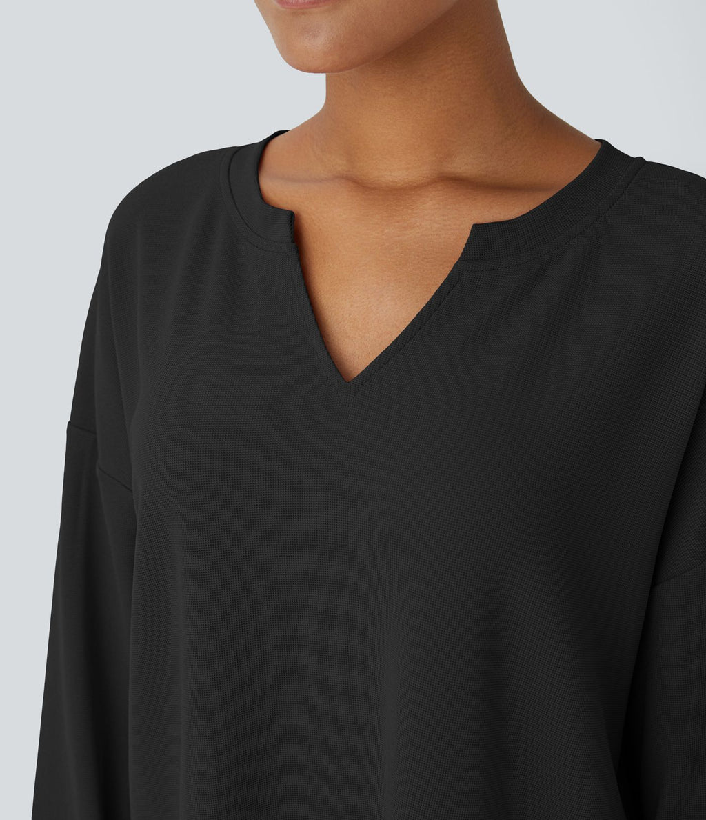 Sweat décontracté en tissu gaufré avec col en V et épaules tombantes