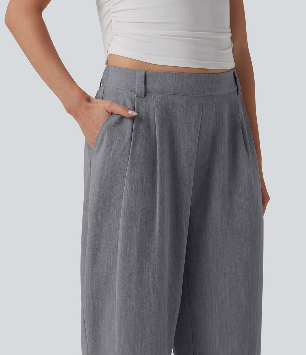 Pantalon décontracté coupe ballon taille mi-haute aspect lin avec poches