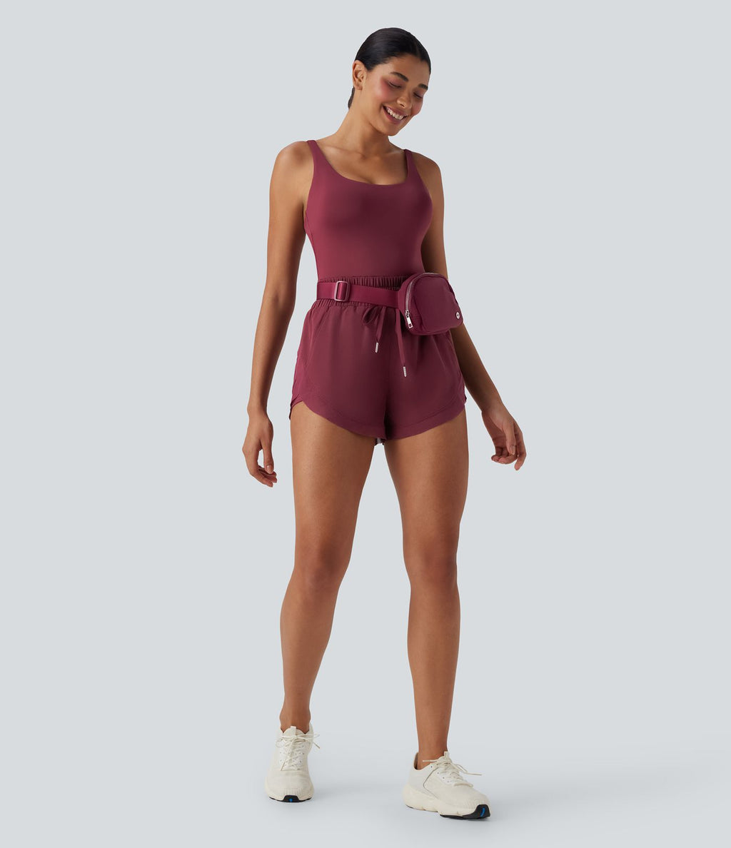 Combi-short de running 2-en-1 dos nu smocké avec cordon de serrage et poches latérales