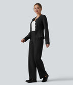 Blazer de travail col rond boutons décoratifs ourlet plissé