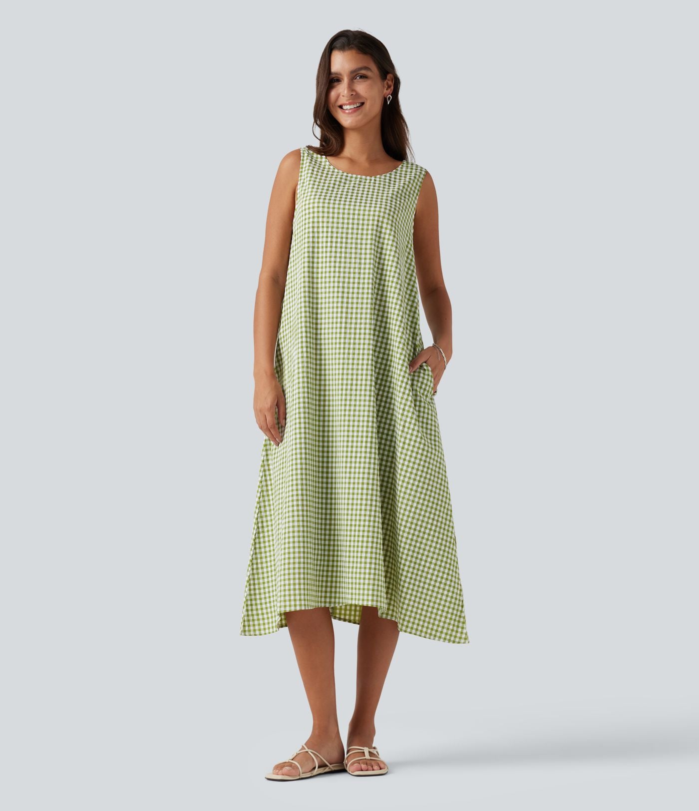 Robe débardeur midi décontractée en vichy froissé, col rond, sans manches, à poches