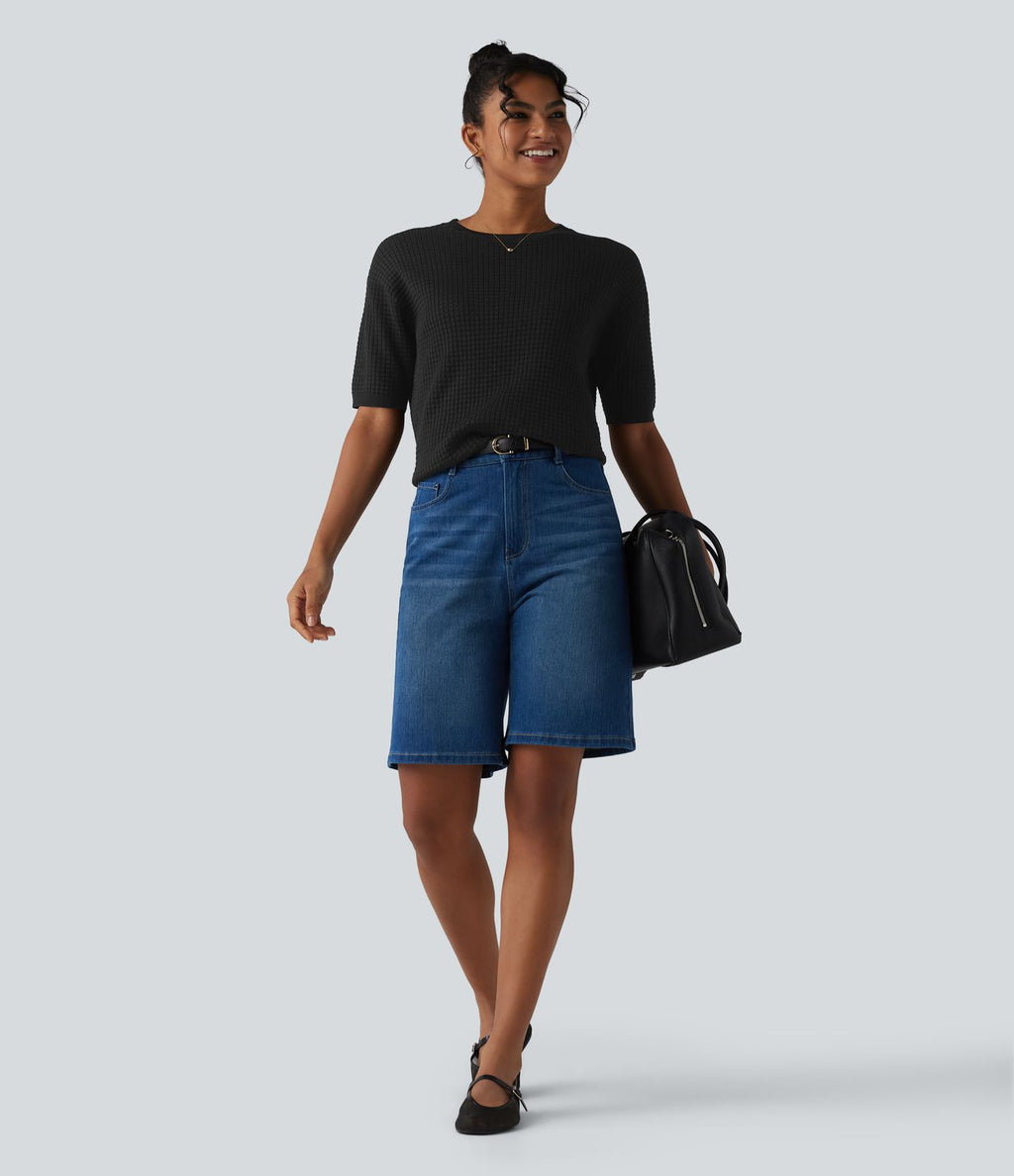 Pull col rond manches courtes en tissu gaufré