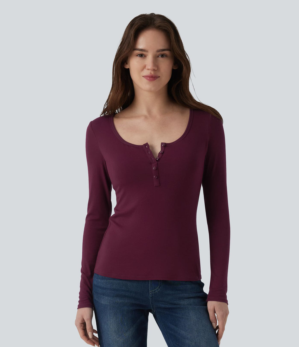 T-shirt casual ajusté manches longues col tunisien côtelé