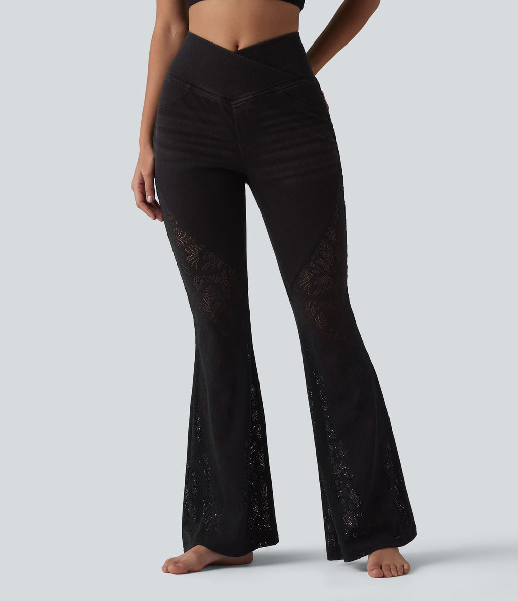 Halara Flex™ Jean évasé casual ventre plat taille haute croisé avec dentelle contrastée et poches