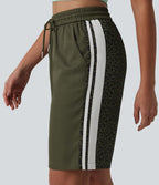 Short ample décontracté à taille mi-haute, cordon de serrage, rayures contrastées léopard, 25 cm, avec poches