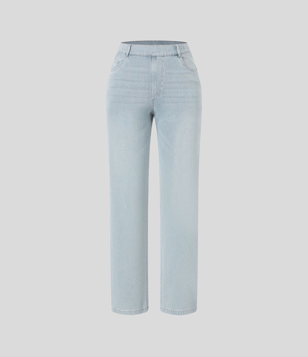 Jean droit Halara Flex™ à taille haute, poches multiples, effet délavé et tissu extensible