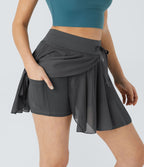 Jupe Casual Évasée Fluide 2 en 1 en Maille Contrastée Taille Haute Cordon de Serrage Poche Latérale