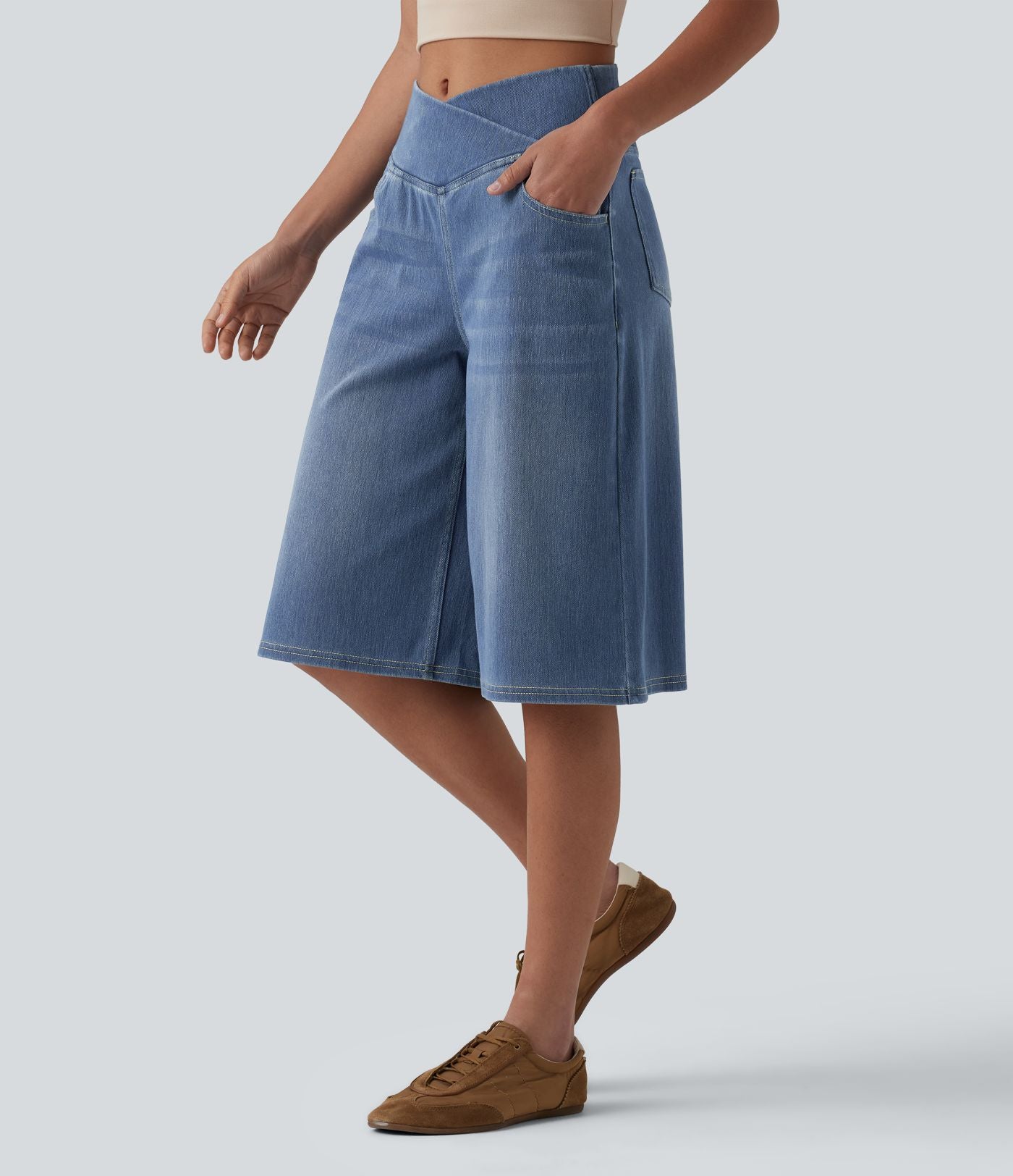 Short en jean ample Halara Flex™ taille haute croisé gainant décontracté avec poches