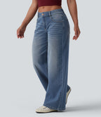 Halara Flex™ Jean Large Casual Taille Basse avec Boutons Zip Multiples Poches Lavés Élastiques et Tricotés