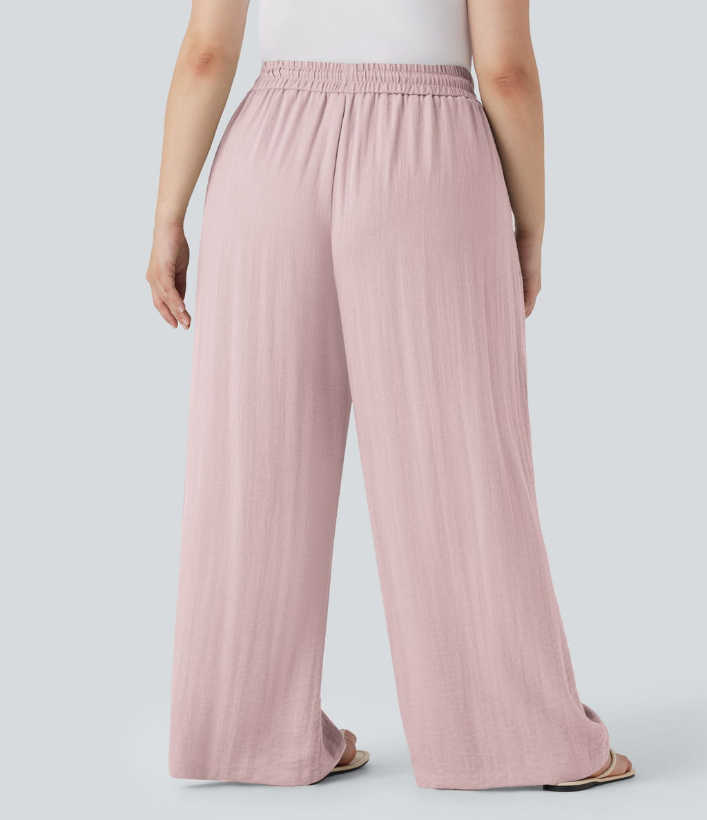 Pantalon décontracté grande taille large fluide taille haute effet lin avec cordon de serrage et poches