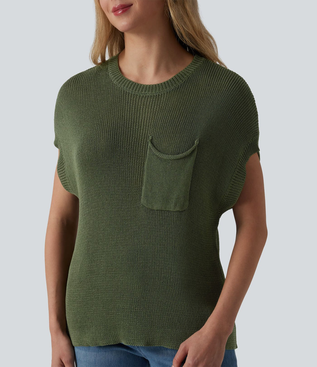 Pull décontracté col rond manches chauve-souris avec poche