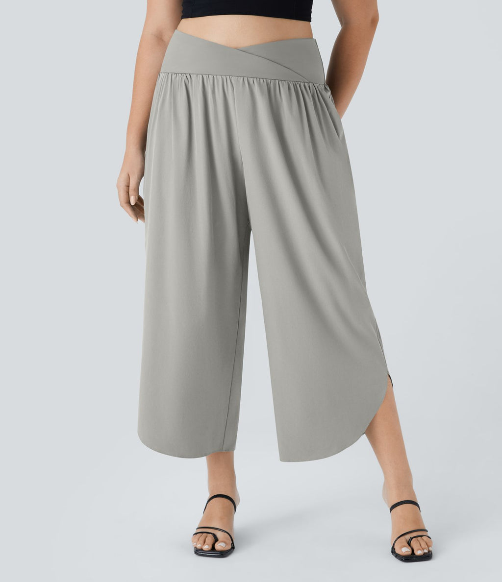 Breezeful™ Pantalon de Vacances Grande Taille Taille Haute avec Découpe Croisée Plissé Poche Latérale Fente et Séchage Rapide