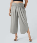 Breezeful™ Pantalon de Vacances Grande Taille Taille Haute avec Découpe Croisée Plissé Poche Latérale Fente et Séchage Rapide