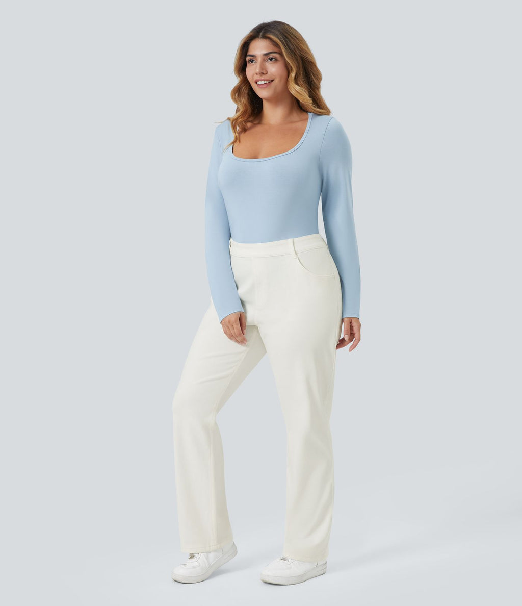 Jean décontracté Halara Flex™ grande taille, taille haute, multiples poches, jambes droites, effet délavé, en maille extensible