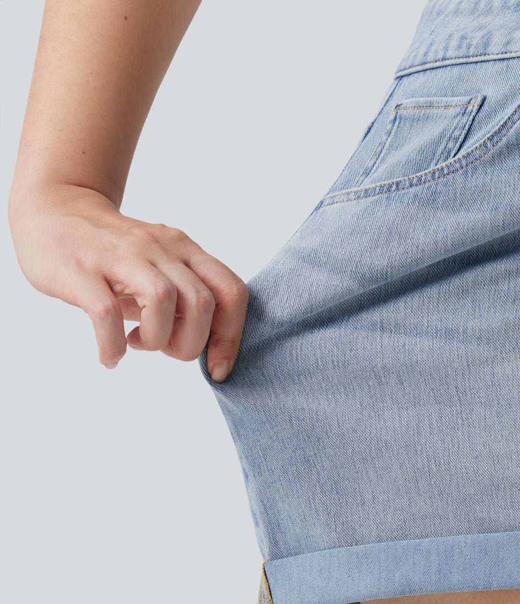 Short grande taille en jean Halara Flex™ délavé taille haute asymétrique avec ourlets retroussés et poches