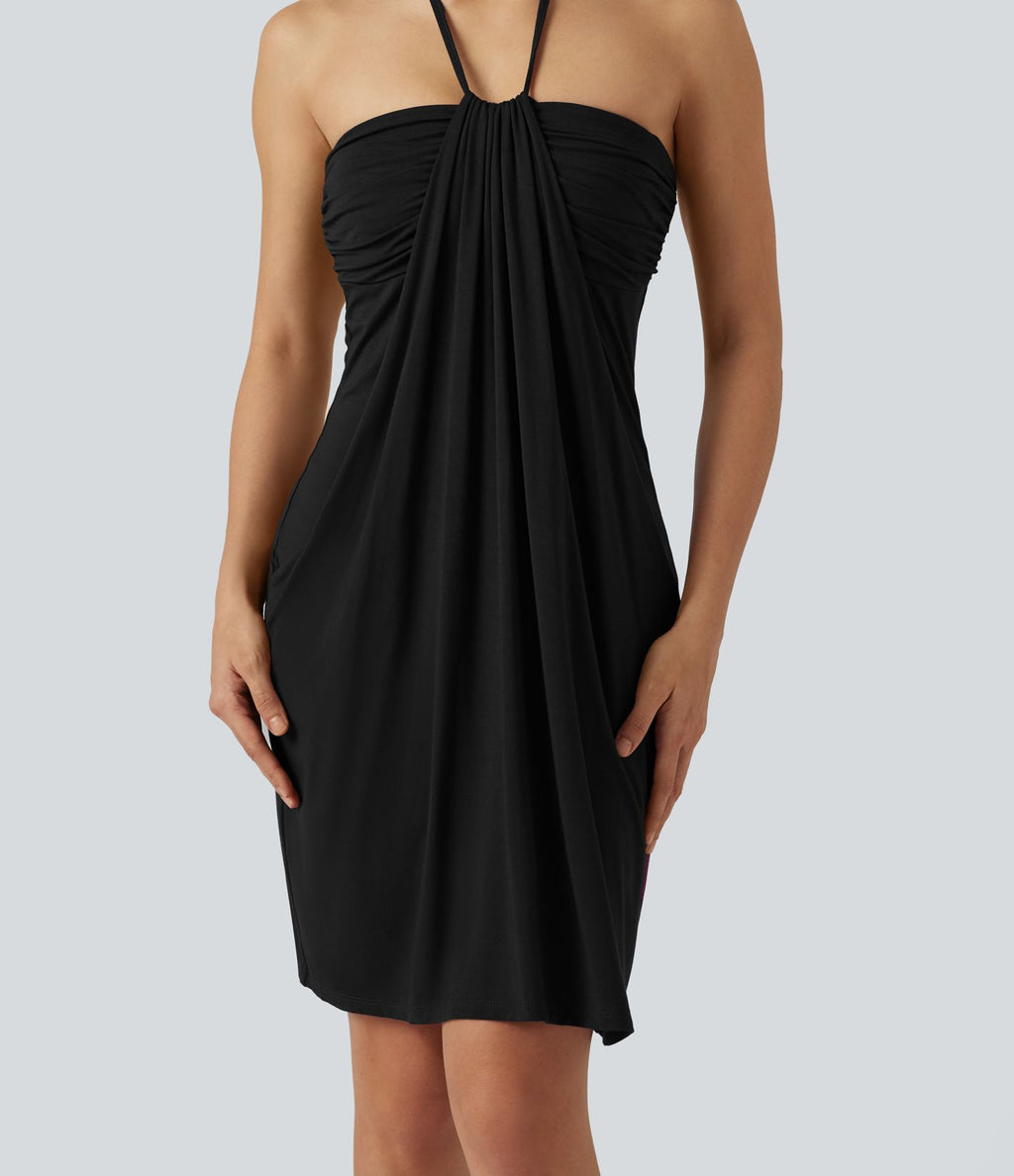 Robe mini de plage à col halter avec brassière intégrée, lien noué au dos et poches