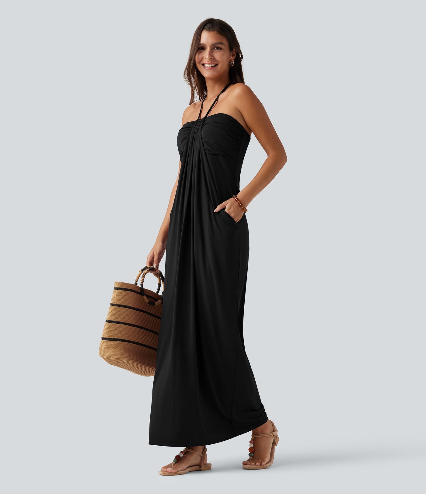Robe longue dos-nu à nouer avec soutien-gorge intégré et poches, bonnets DD à F