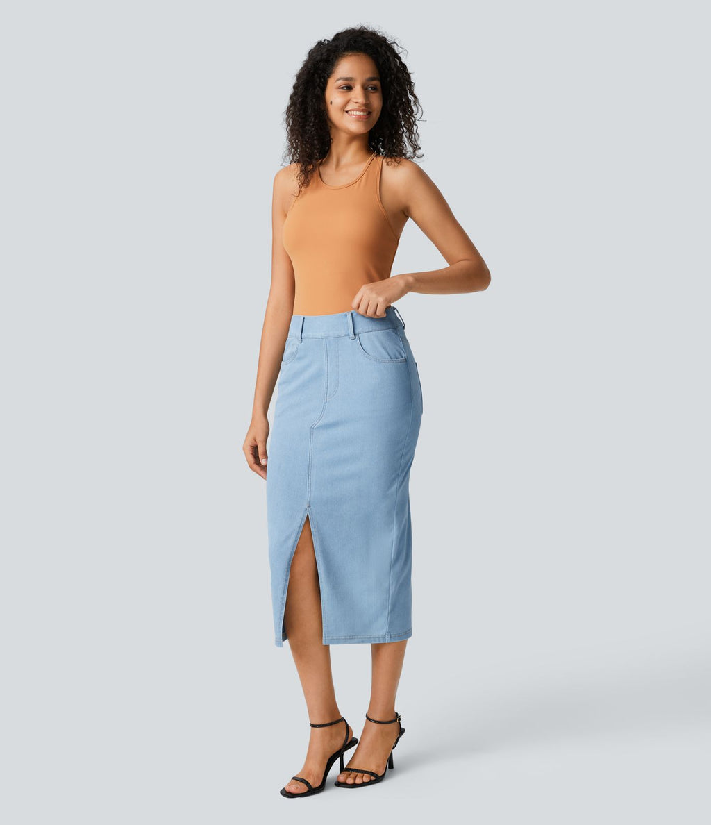 Halara Flex™ Jupe en Jean Midi Casual Tricot Extensible Taille Haute Poches Multiples