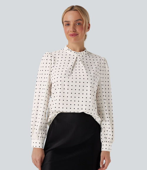 Blouse travail col montant à volants pois manches longues