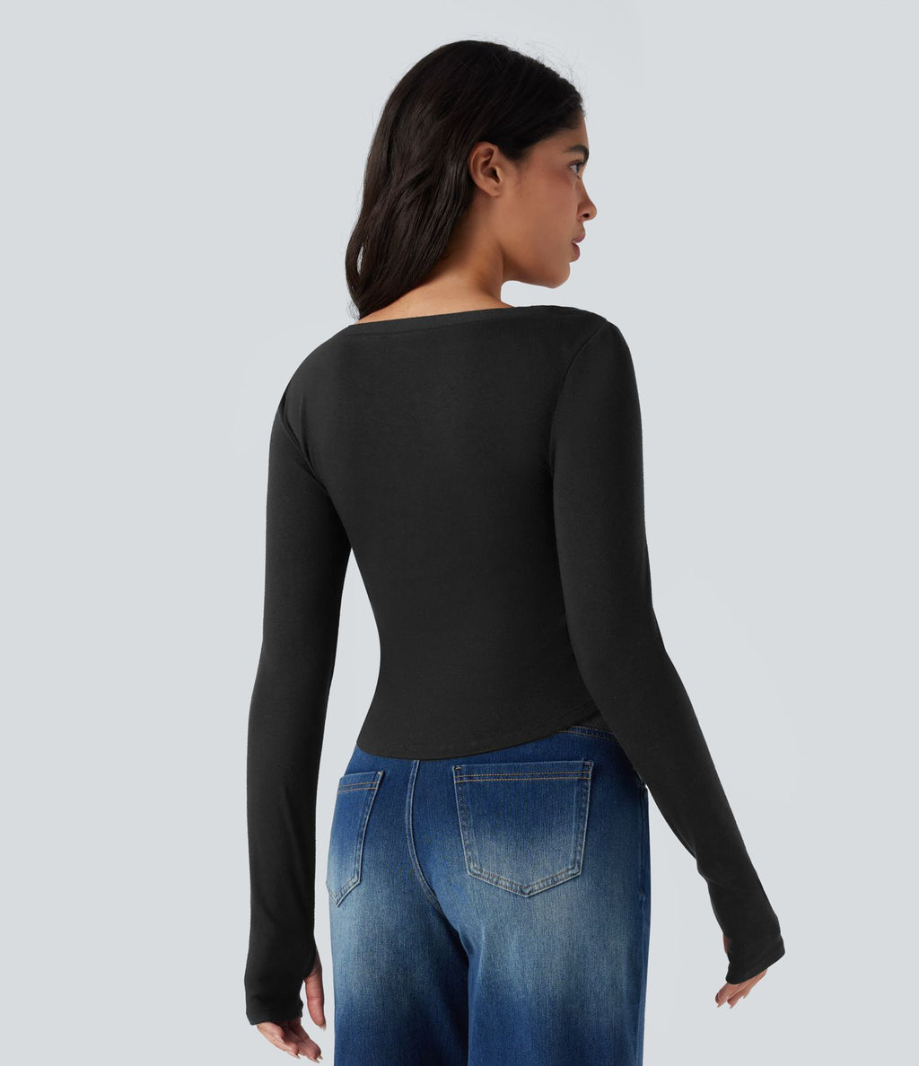 T-shirt court col cœur manches longues avec trous pouces