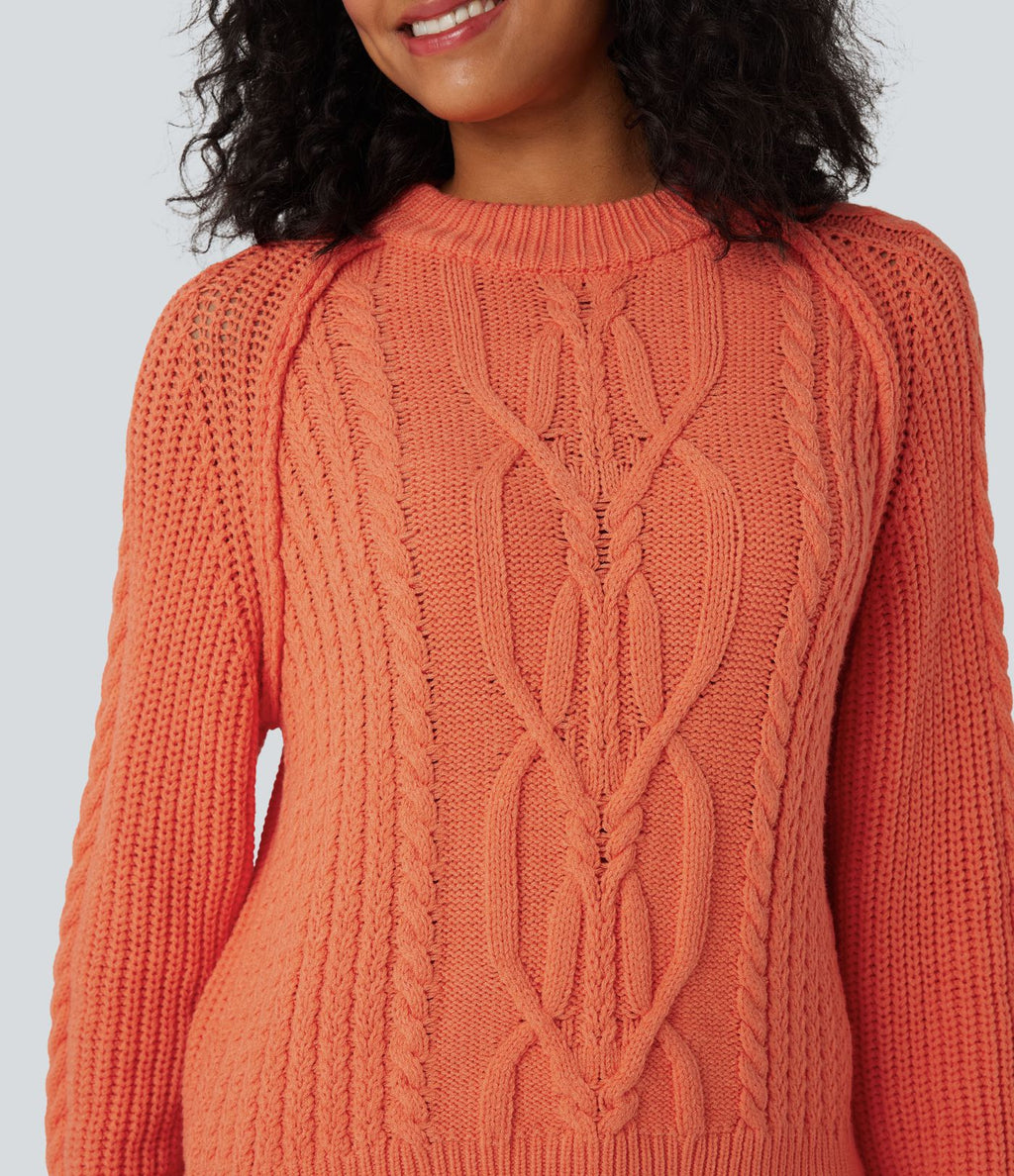 Pull décontracté maille torsadée col rond manches raglan longues coupe décontractée
