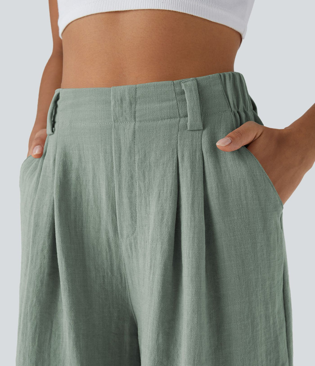 Bermuda Large Fluide Taille Haute avec Plis et Poches Latérales en Lin Synthétique