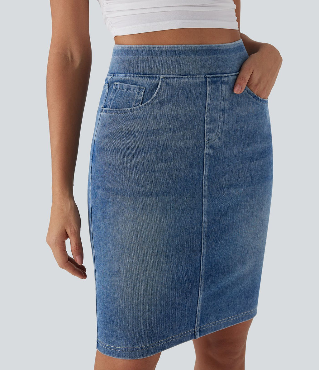 Halara Flex™ Jupe en Jean décontractée stretch délavé à taille haute, multiples poches et fente latérale