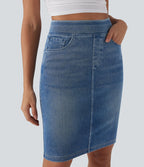 Halara Flex™ Jupe en Jean décontractée stretch délavé à taille haute, multiples poches et fente latérale
