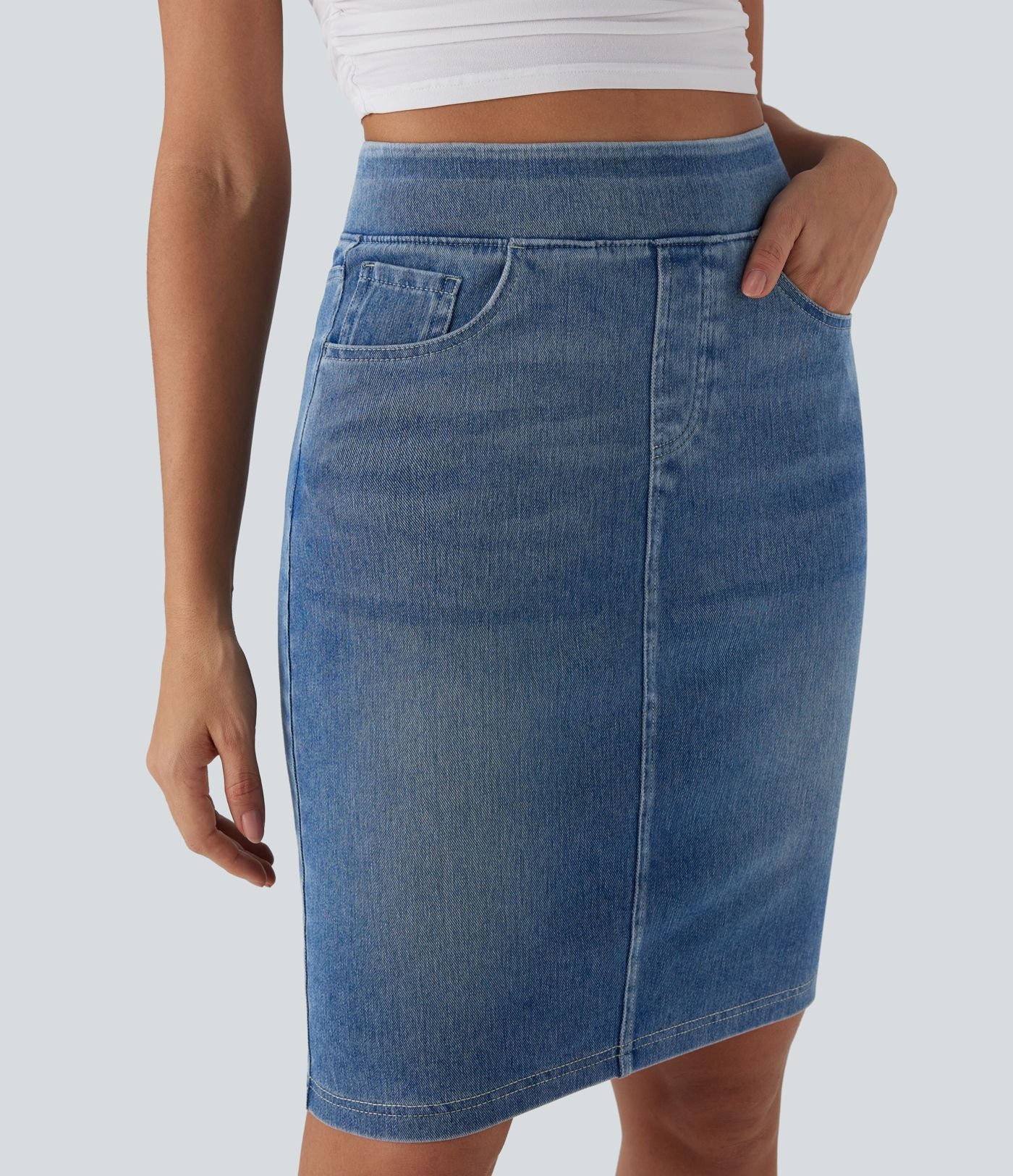 Halara Flex™ Jupe en Jean décontractée stretch délavé à taille haute, multiples poches et fente latérale